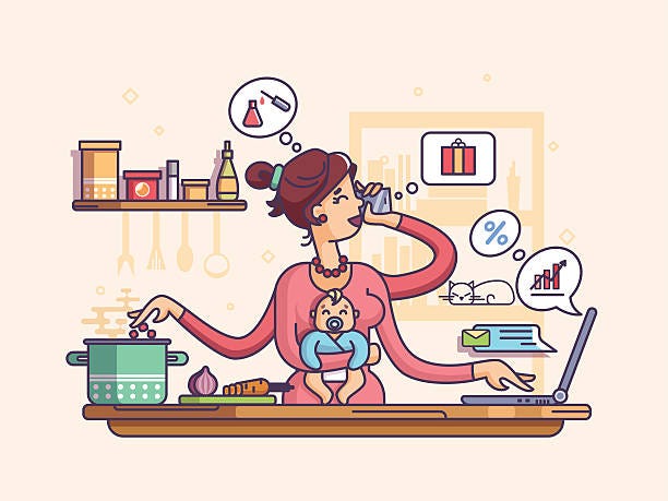 Busy mother with baby Mother nursing baby, preparing to eat, talking on phone and works. Vector illustration mom multitasker stock illustrations