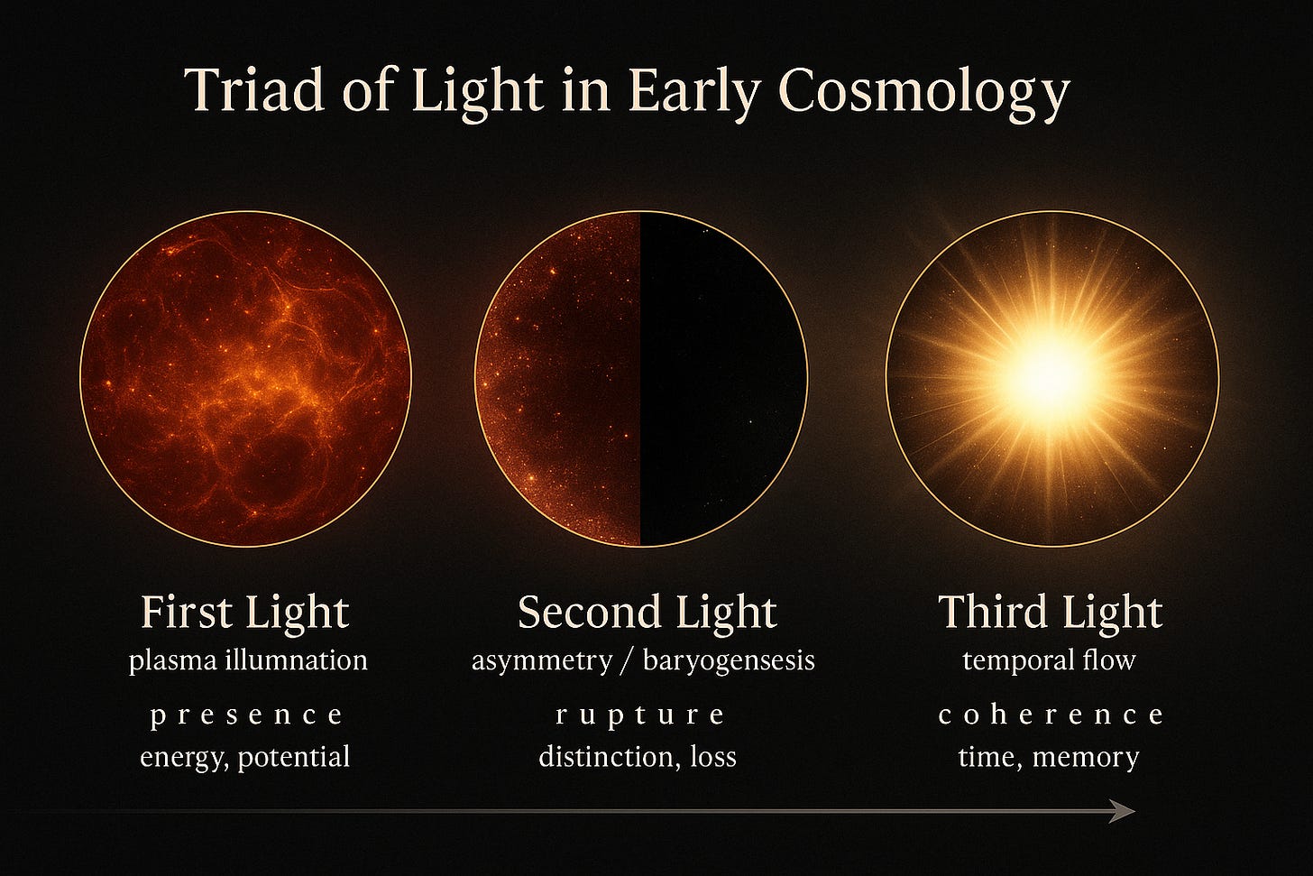Illustration titled Triad of Light in Early Cosmology. Three glowing circular panels represent stages of cosmic light:  First Light: a red-orange plasma field filled with swirling illumination, labeled “plasma illumination – presence, energy, potential.”  Second Light: a half-lit circle fading into darkness, symbolizing matter–antimatter asymmetry and labeled “asymmetry / baryogenesis – rupture, distinction, loss.”  Third Light: a radiant golden sphere with bright rays extending outward, labeled “temporal flow – coherence, time, memory.”  An arrow at the bottom points rightward, showing chronological progression.