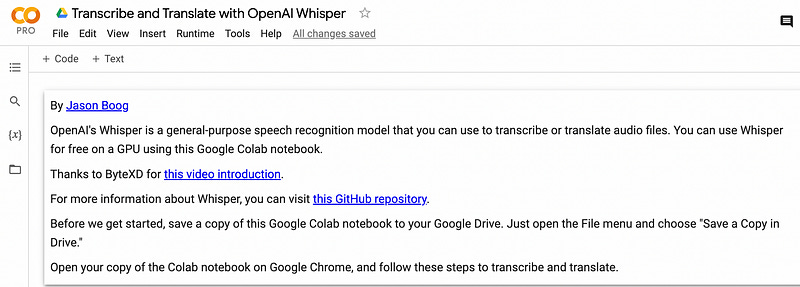 A screenshot from my Google Colab notebook, “Transcribe and Translate with OpenAI’s Whisper”