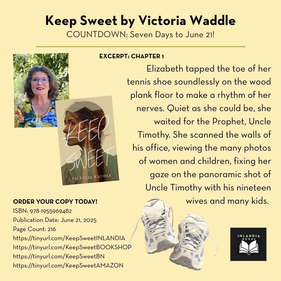 A photo of the author (salt and pepper hair, blue eyes, glasses); a photo of the book “Keep Sweet” (alt text in above photo); a pair of tennis shoes; information on ordering the book; the first lines of the book are quoted: “Elizabeth tapped the toe of her tennis shoe soundlessly on the wood  plank floor to make a rhythm of her nerves. Quiet as she could be,  she waited for the Prophet, Uncle Timothy. She scanned the walls  of his office, viewing the many photos of women and children, fixing her  gaze on the panoramic shot of Uncle Timothy with his nineteen wives and  many kids.”