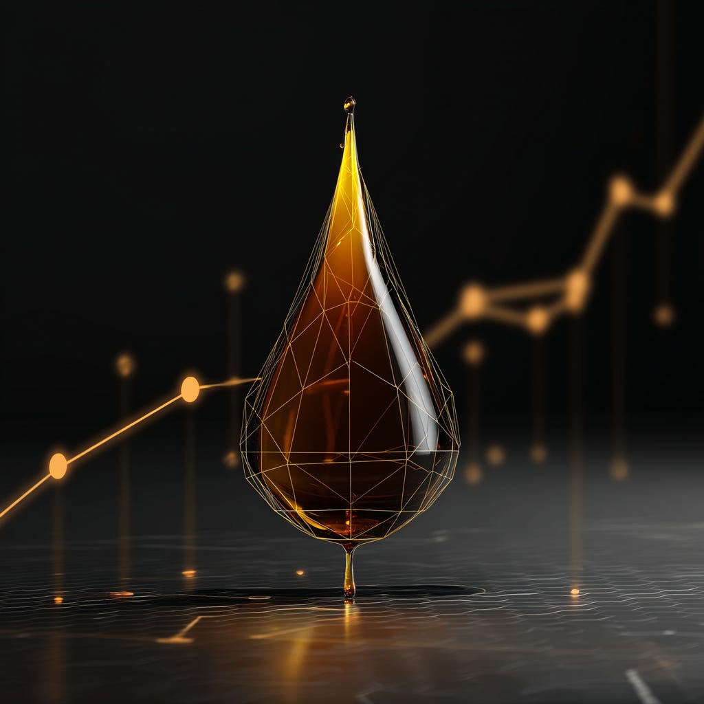 Digital rendering of a low-poly oil drop set against a dark background with an upward-trending data chart, symbolizing operational efficiency and productivity growth in the oil and gas sector through AI integration. This conceptual image supports an article on generative AI adoption in energy and heavy industry, featuring companies like Aramco leveraging AI tools for predictive maintenance, logistics optimization, and workforce automation. The visual metaphor of rising performance and data-driven transformation aligns with enterprise AI use cases, efficiency gains, and real-world ROI from freemium and enterprise-grade generative AI platforms.