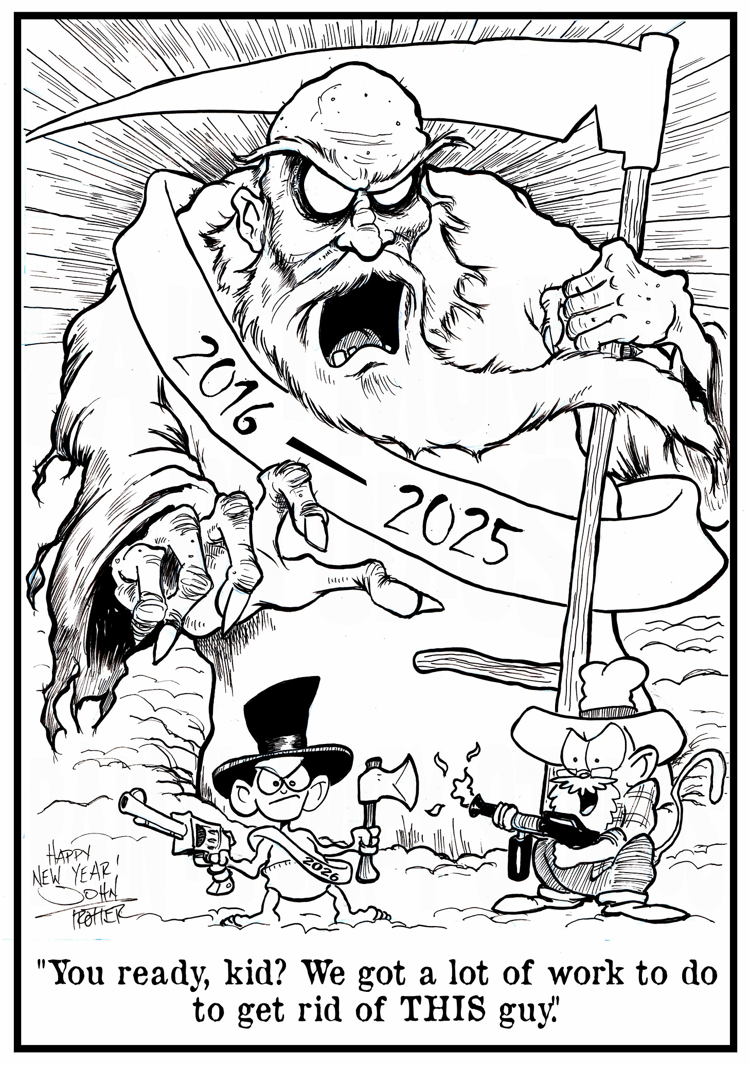 Cartoon of the Paintmonkey and Baby New Year preparing to take down Father Time who is wearing a sash that says "2016-2025".