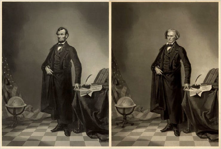 In a preview of celebrity magazine cover techniques, a popular image of Abraham Lincoln is actually his head grafted to the more majestic body of John Calhoun, a senator and vice president. Library of Congress. In a preview of celebrity magazine cover techniques, a popular image of Abraham Lincoln is actually his head grafted to the more majestic body of John Calhoun, a senator and vice president. Library of Congress.