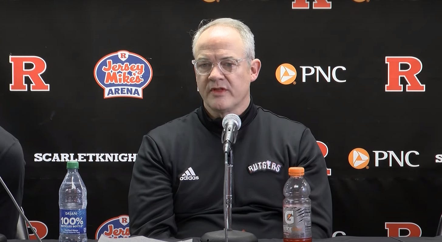 Rutgers coach Steve Pikiell speaks to reporters after a game on Feb. 1, 2023. (YouTube screenshot via Rutgers Athletics) Rutgers coach Steve Pikiell speaks to reporters after a game on Feb. 1, 2023. (YouTube screenshot via Rutgers Athletics)