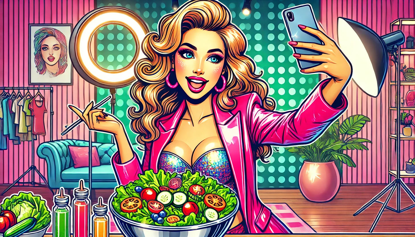 A bright, colorful cartoon of a glamorous Instagram influencer in a modern studio, taking a selfie with a ring light visible, holding a large bowl of vibrant, fresh salad with colorful vegetables like lettuce, tomatoes, cucumbers, and carrots, wearing a stylish pink blazer and sparkly top, exaggerated facial features with a wide smile, bold outlines and vibrant pop-art style shading, high detail, clean lines, vibrant background with trendy decor, sleek and modern lighting setup, playful and energetic atmosphere