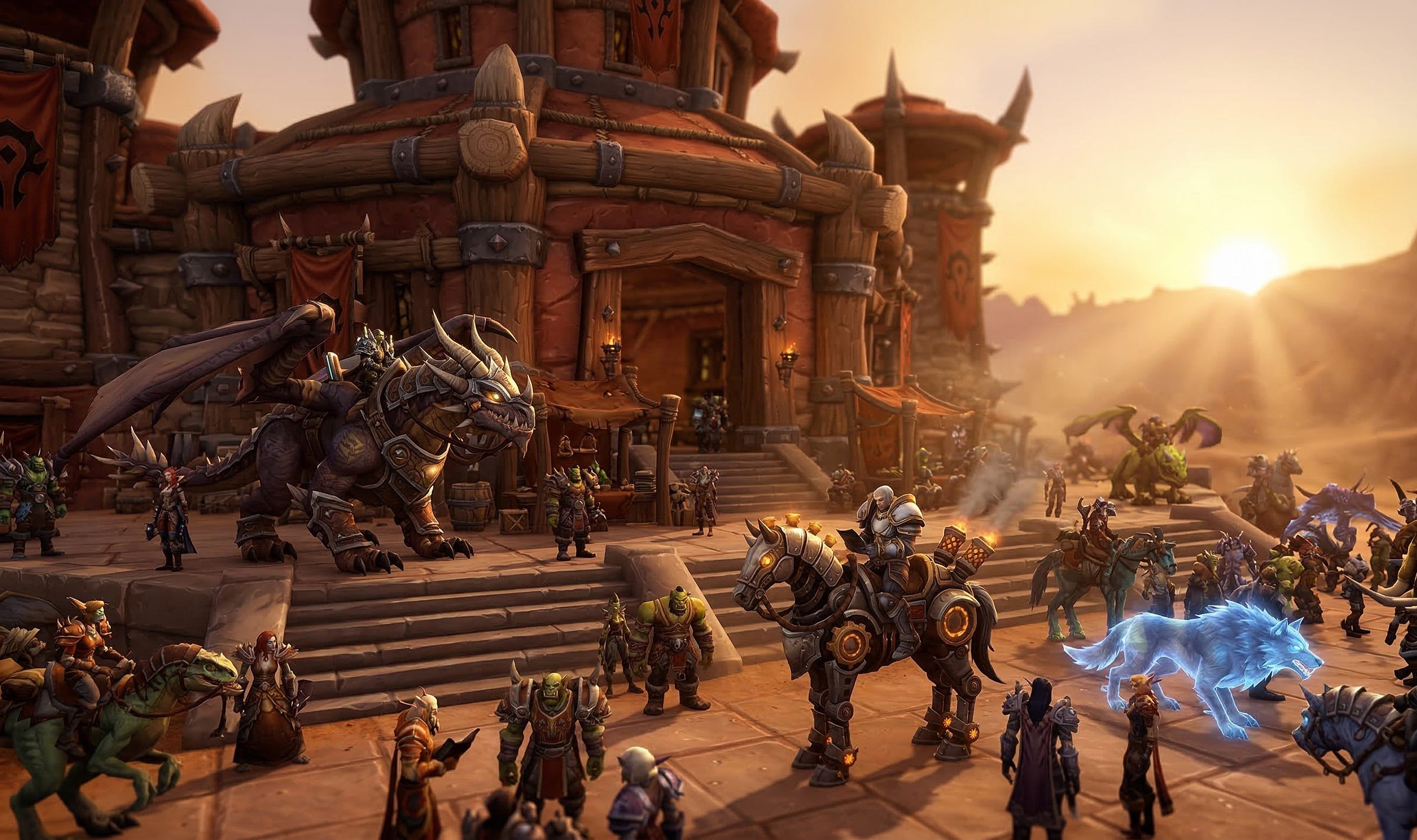 A bustling fantasy city square with orcs, goblins, and other races gathered near a large wooden building at sunset, with exotic mounts including a spectral wolf and armored dragon