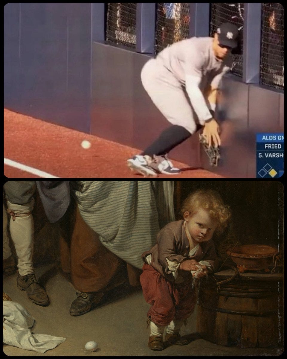 A baseball player in a gray uniform and black cap crouching near a dugout wall, reaching for a white ball on the ground. The player wears black socks, gray pants, and a glove on one hand. A sign reading "ALDS Game 5 S. Varsho" is visible on the wall. Below, a child in historical attire with curly hair crouching near a white ball and a wooden barrel, wearing a brown vest and red pants.
