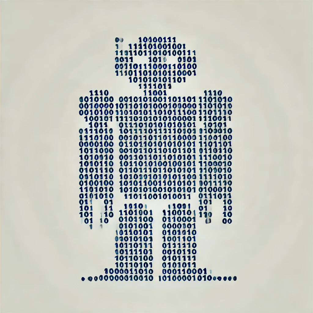 An icon-style illustration of a robot composed entirely of 1s and 0s. The robot is depicted in a minimalist, monospaced font style, forming its outline and details using only binary digits. The background is plain, making the robot stand out clearly as a symbol made of 1s and 0s.