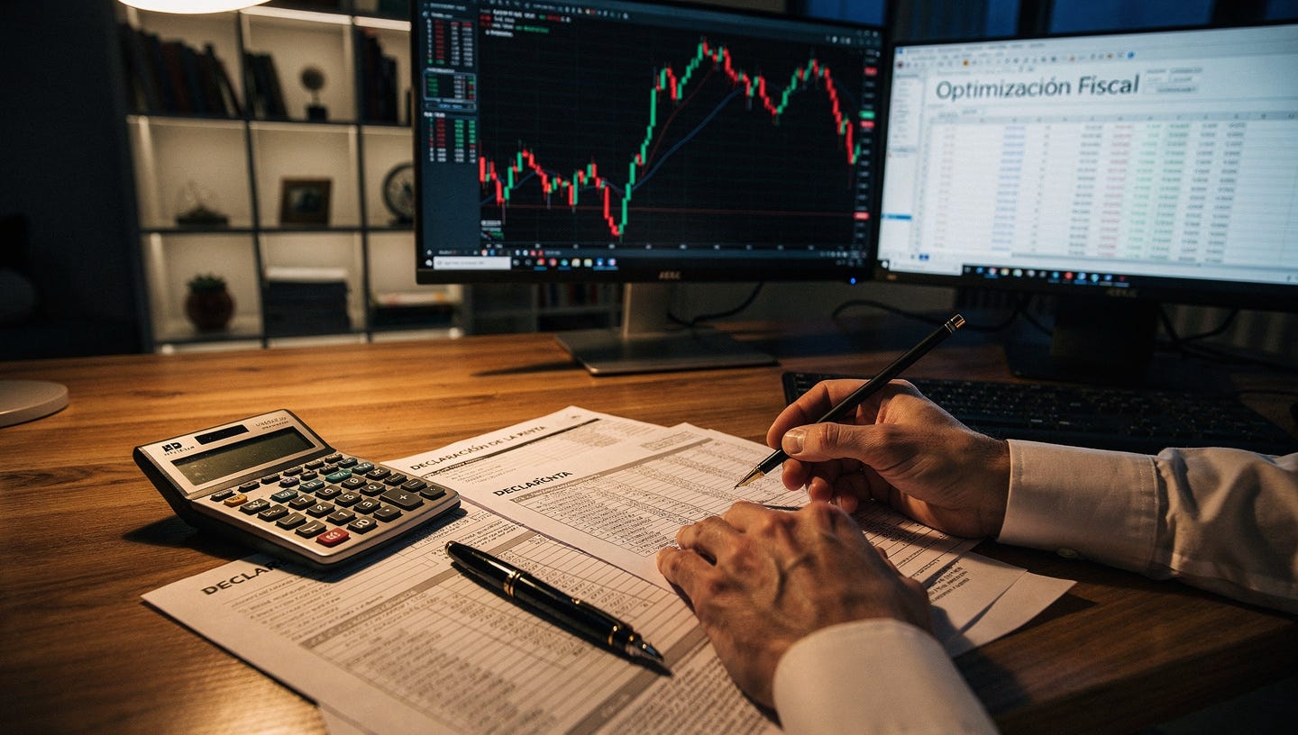 A candid, realistic photograph capturing a serious financial planning session on a cluttered but organized wooden desk at dusk. In the foreground, open tax return forms (resembling Spanish "Declaración de la Renta" documents) with visible numbers are spread out next to a professional financial calculator (like an HP 12C) and a fountain pen. A person's hands (wearing a smart cuff) are resting on the papers, holding a stylus and pointing at a figure. In the mid-ground, two computer monitors display complex stock market candlestick charts showing red and green indicators, alongside a spreadsheet titled "Optimización Fiscal". The background is a gently blurred modern home office with a bookshelf. The lighting is warm from a desk lamp, creating deep shadows and a focused atmosphere. Film grain style. A candid, realistic photograph capturing a serious financial planning session on a cluttered but organized wooden desk at dusk. In the foreground, open tax return forms (resembling Spanish "Declaración de la Renta" documents) with visible numbers are spread out next to a professional financial calculator (like an HP 12C) and a fountain pen. A person's hands (wearing a smart cuff) are resting on the papers, holding a stylus and pointing at a figure. In the mid-ground, two computer monitors display complex stock market candlestick charts showing red and green indicators, alongside a spreadsheet titled "Optimización Fiscal". The background is a gently blurred modern home office with a bookshelf. The lighting is warm from a desk lamp, creating deep shadows and a focused atmosphere. Film grain style.