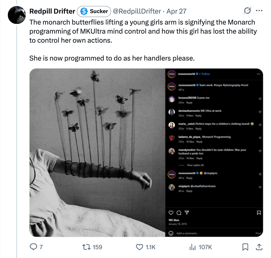 The monarch butterflies lifting a young girls arm is signifying the Monarch programming of MKUltra mind control and how this girl has lost the ability to control her own actions. She is now programmed to do as her handlers please. The monarch butterflies lifting a young girls arm is signifying the Monarch programming of MKUltra mind control and how this girl has lost the ability to control her own actions. She is now programmed to do as her handlers please.