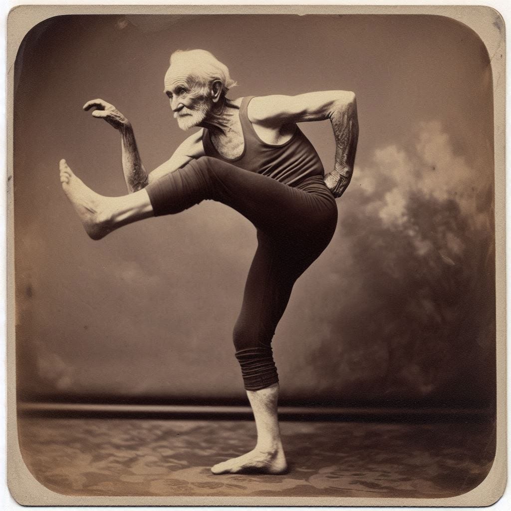 A sepia-tinted daguerrotype of a spindly, elderly man in workout clothes, striking an awkward pose and likely on the verge of falling. A sepia-tinted daguerrotype of a spindly, elderly man in workout clothes, striking an awkward pose and likely on the verge of falling.