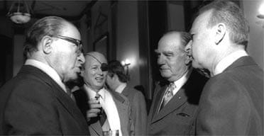 South Africa's prime minister John Vorster (second from right) is feted by Israel's prime minister Yitzhak Rabin (right) and Menachem Begin (left) and Moshe Dayan during his 1976 visit to Jerusalem. Photograph: Sa'ar Ya'acov South Africa's prime minister John Vorster (second from right) is feted by Israel's prime minister Yitzhak Rabin (right) and Menachem Begin (left) and Moshe Dayan during his 1976 visit to Jerusalem. Photograph: Sa'ar Ya'acov