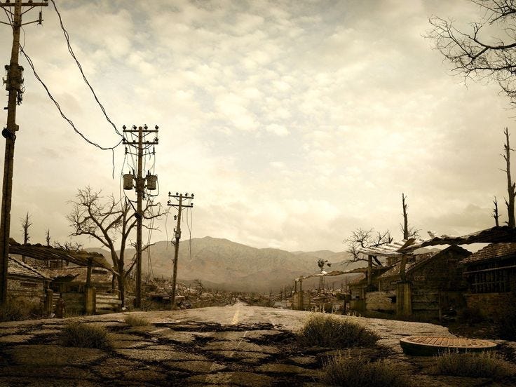 This may contain: an empty street with power lines and telephone poles in the distance on a cloudy day