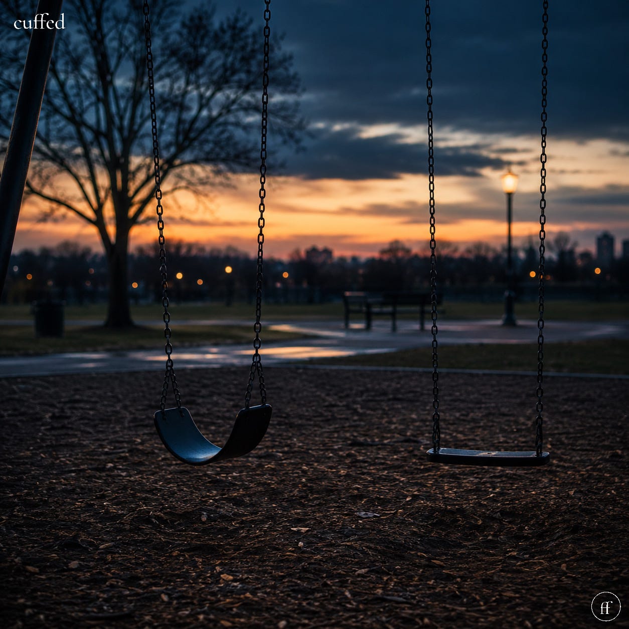 Two empty playground swings at dusk, one child-sized, one adult-sized, chains hanging still against a fading orange and navy sky. Muted park lamplight in the background. "cuffed" wordmark top-left, fused ff logo bottom-right. Cinematic, quiet, reflective mood — cover art for "the daughter data."