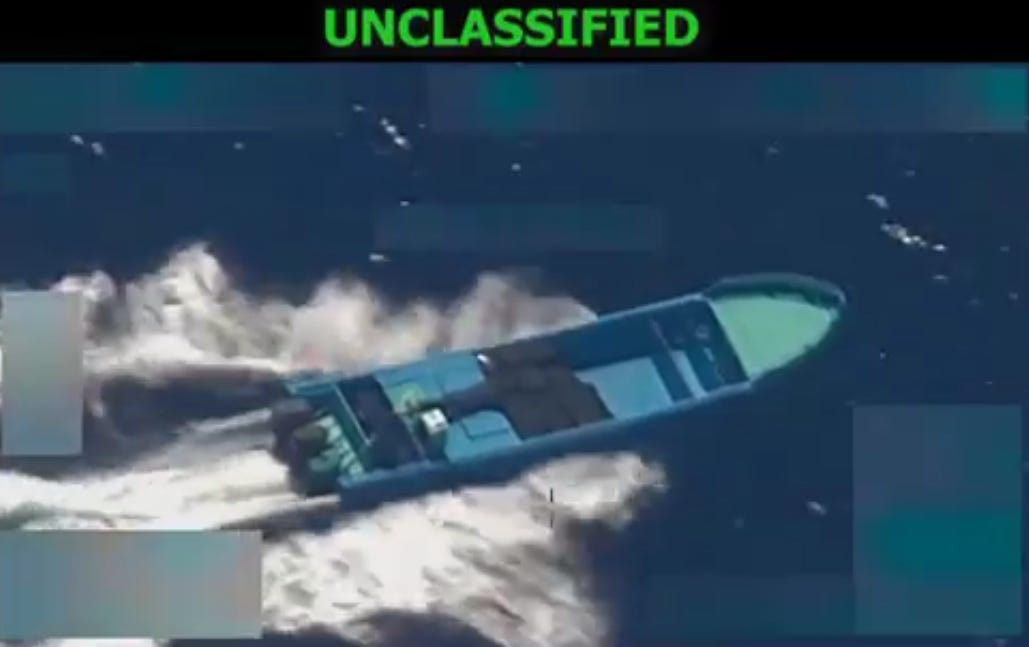 Targeting video of a suspected drug-smuggling boat before it was destroyed by US military forces in international waters in the Eastern Pacific Ocean Targeting video of a suspected drug-smuggling boat before it was destroyed by US military forces in international waters in the Eastern Pacific Ocean