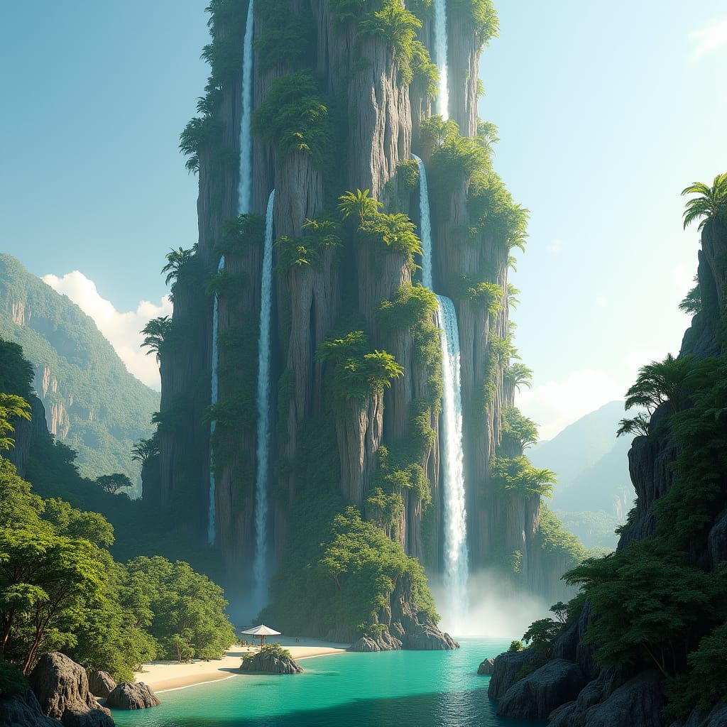 A skyscraper built to resemble a cascading waterfall, with each level jutting out slightly over the one below. The exterior of the building has water flowing down its sides, creating the illusion of a waterfall running down the entire structure. The water is recycled through a system that powers the building’s cooling system, while tropical gardens fill the terraces. Waterfall-inspired, sustainable, fluid design, tropical integration.