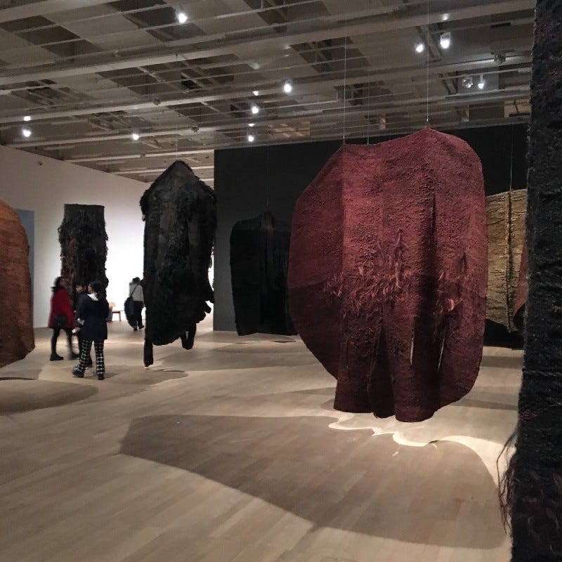 Magdalena Abakanowicz exhibition, Fibrous Forest room with ‘Abakan Brown IV’, 1969–84 (sisal) viewed in full.