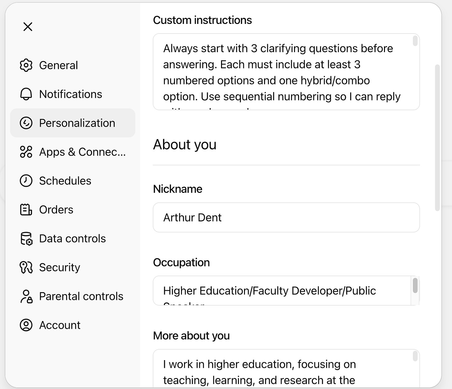 The image displays the ChatGPT “Personalization” settings panel, with a left-hand sidebar of menu items and the main content area showing editable fields. At the top are the user’s custom instructions in a scrollable text box, followed by “About you” fields including nickname, occupation, and a longer free-text description. The interface uses a clean, two-column layout with icons and labels along the left and form fields on the right.
