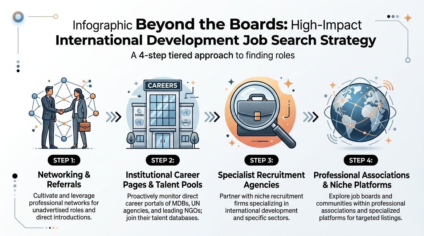 A four-step infographic illustrating a strategy for finding international development jobs through networking, institutional websites, and agencies.