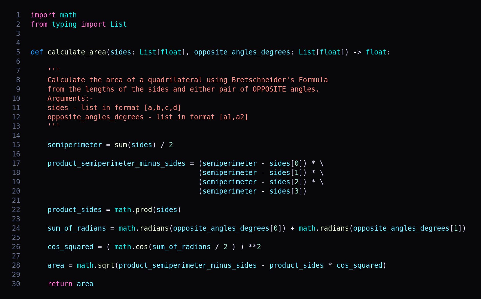 Areas of Quadrilaterals with Bretschneider's Formula in Python