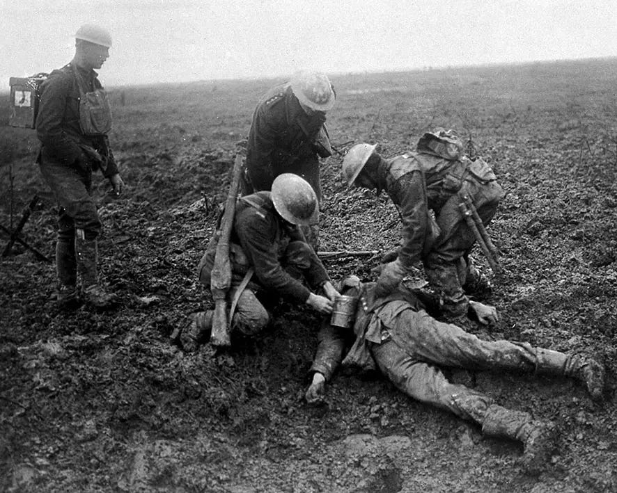 A wounded tended on the battlefield during Would War I.