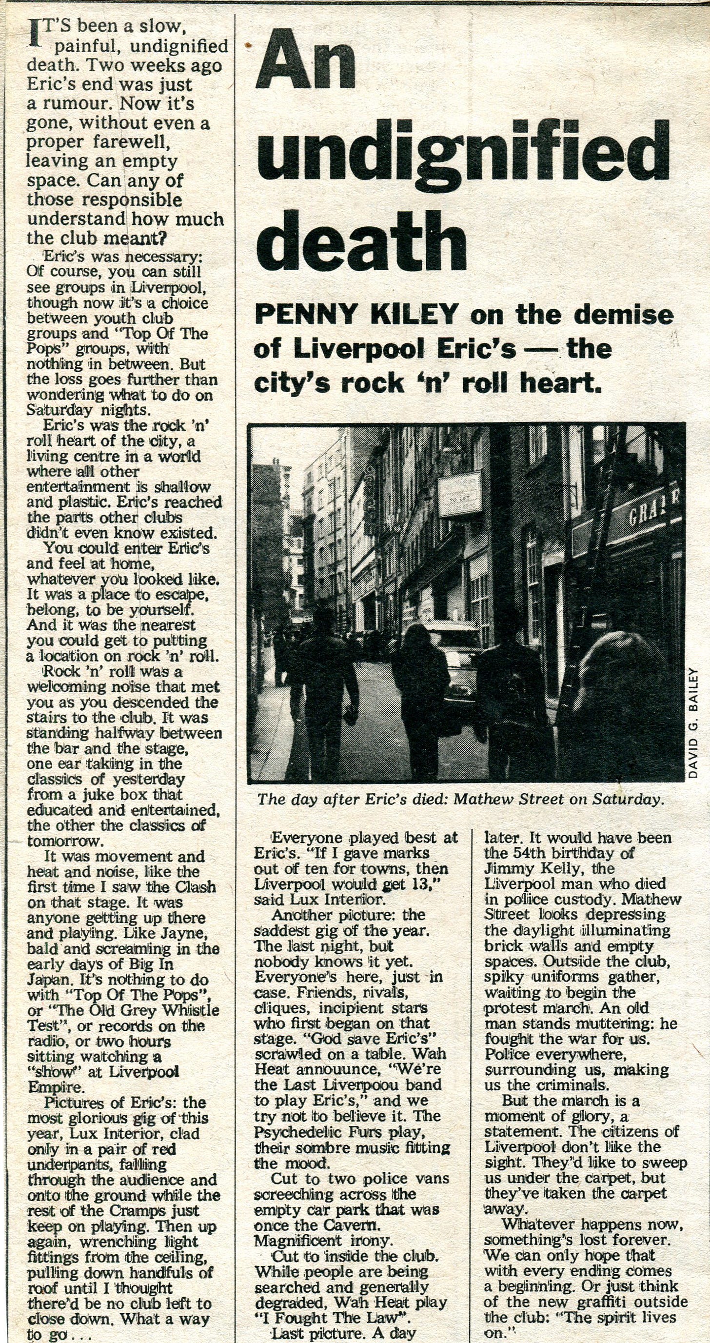 The original cutting - full text below. It includes a photo of Mathew Street taken from outside the Grapes pub.