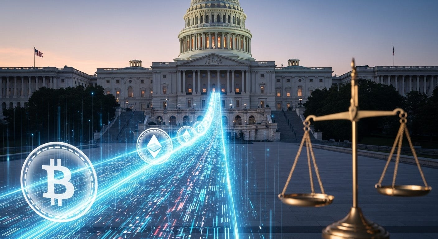 The U.S. Capitol building with a digital river of cryptocurrency symbols flowing towards it and a scale of justice in the foreground, representing new legislation.