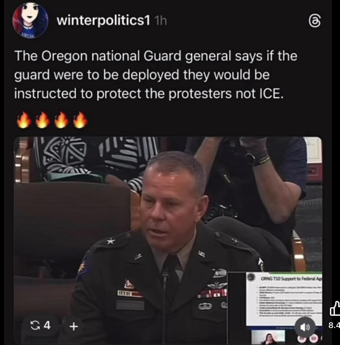 May be an image of text that says 'winterpolitics1 த The Oregon national Guard general says if the guard were to be deployed they would be instructed to protect the protesters not ICE. L 日 CRING T2 HApo G4 FederalA + 8.'