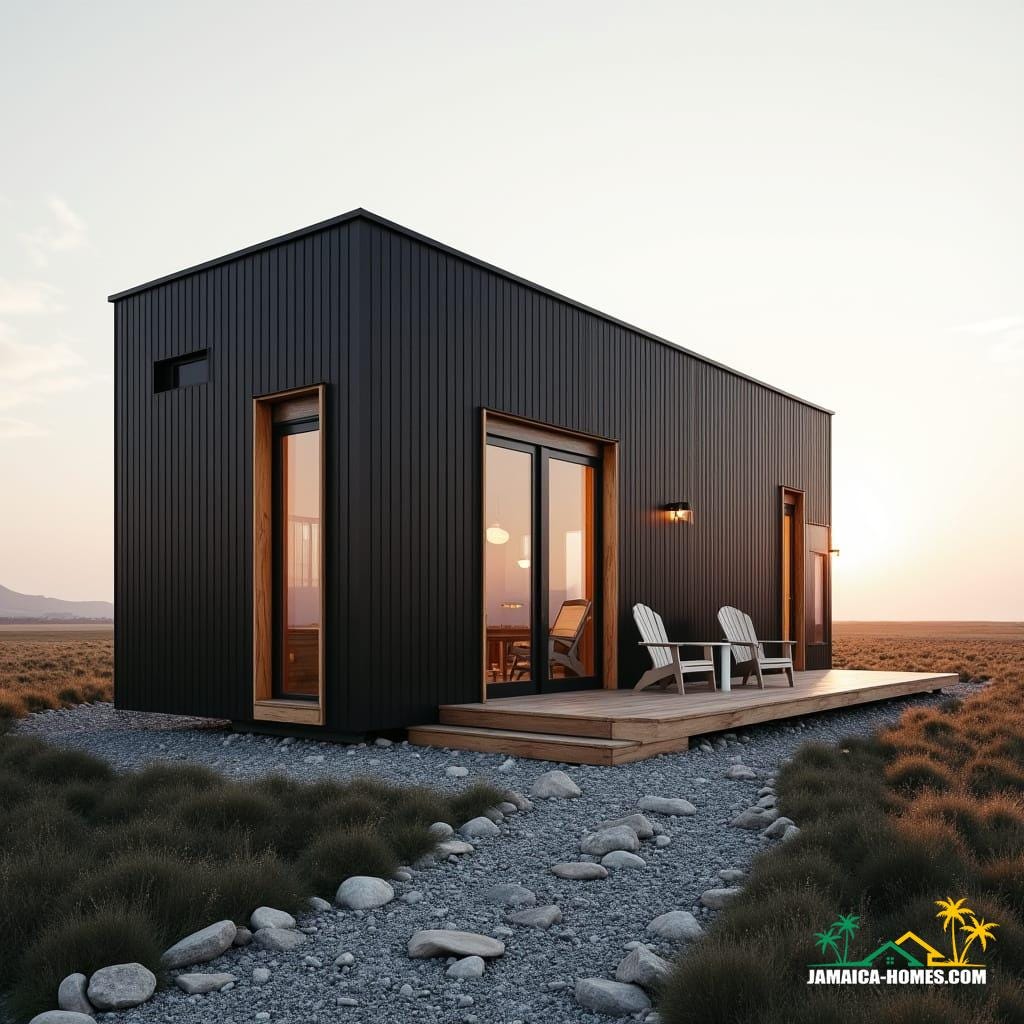 Aerial view of a futuristic yet livable Jamaican hillside community, 2040.