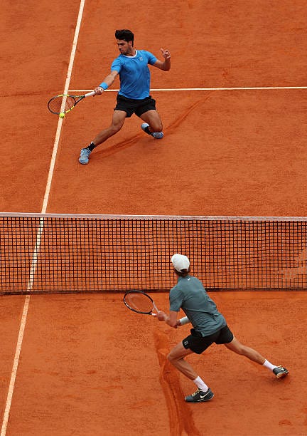 Carlos Alcaraz of Spain plays a forehand against Jannik Sinner of Italy during the Men's Singles Final during day eight of the Rolex Monte-Carlo...
