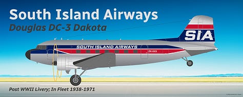 Gallery of Douglas DC-3 airliners operated by South Island Airways and Waikato Air during the years after World War II: (1, 2, 3) South Island Airways Douglas DC-3 in side view while in midflight, landing and parked; (4, 5, 6) Waikato Air Douglas DC-3 in side view while in midflight, landing and parked.