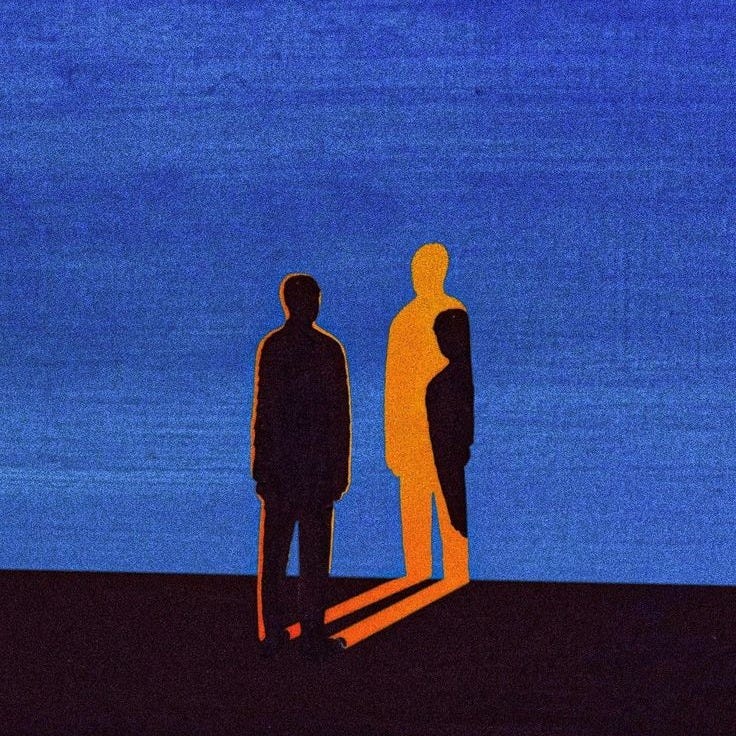 This may contain: two people standing in front of a body of water under a blue and yellow sky This may contain: two people standing in front of a body of water under a blue and yellow sky
