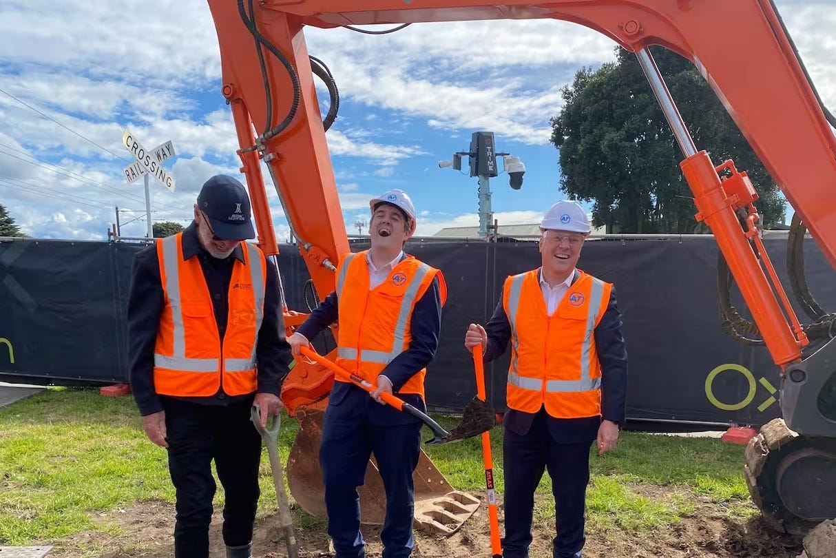 Mayor Wayne Brown, Transport Minister Chris Bishop and Prime Minister Christopher Luxon at the sod turning. Photo / Lachlan Rennie. Mayor Wayne Brown, Transport Minister Chris Bishop and Prime Minister Christopher Luxon at the sod turning. Photo / Lachlan Rennie.