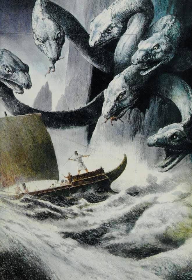 This may contain: an image of a boat in the water with sea monsters surrounding it and people on board