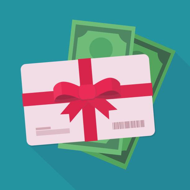 Cost of a gift card (flat design) Gift card on a wad of green dollar bills on a blue background with long shadow (flat design) retail store gift cards stock illustrations Cost of a gift card (flat design) Gift card on a wad of green dollar bills on a blue background with long shadow (flat design) retail store gift cards stock illustrations