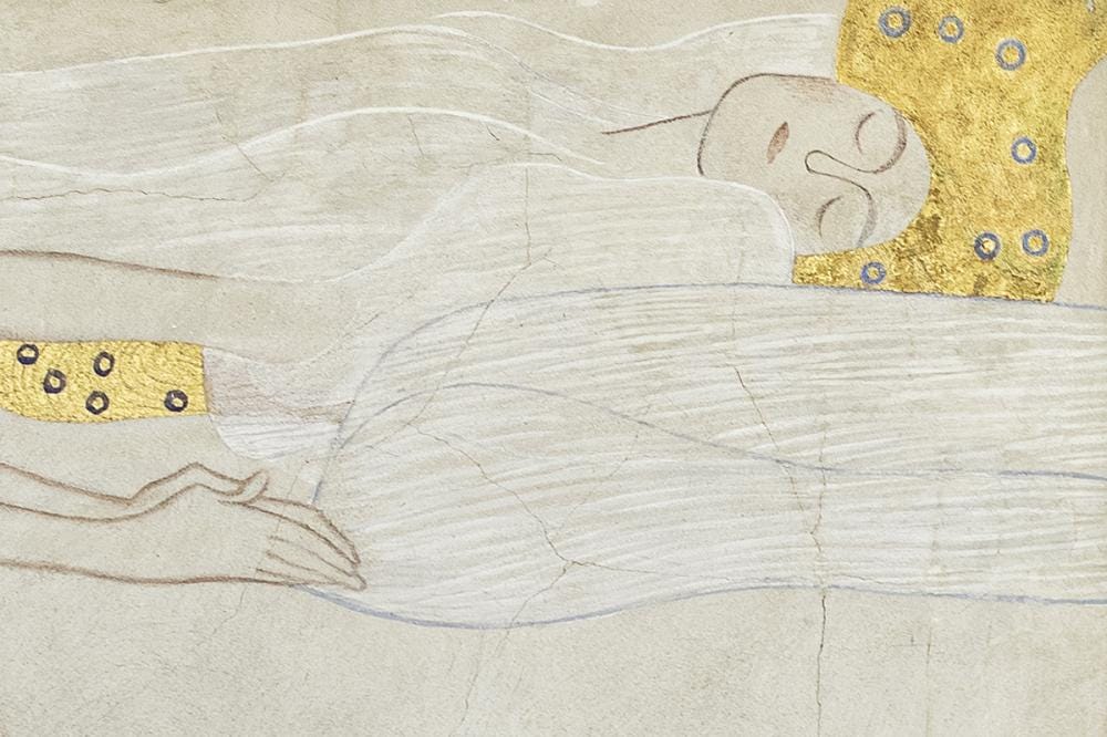 《貝多芬橫飾帶》右牆:藝術、天使合唱與擁抱|來源:Secession / Jorit Aust(官方圖像) 《貝多芬橫飾帶》右牆:藝術、天使合唱與擁抱|來源:Secession / Jorit Aust(官方圖像)