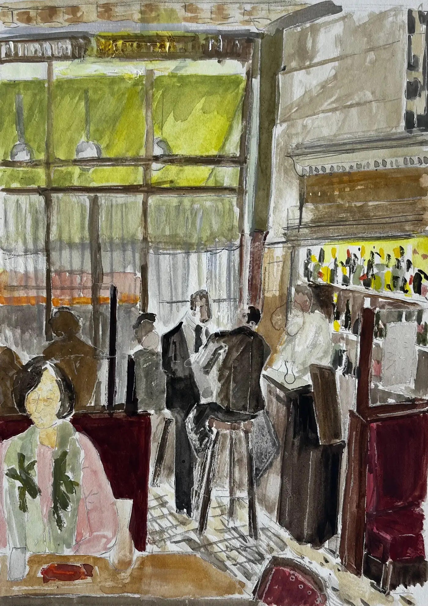 Loose vintage watercolor of a busy Paris café interior with lime-green windows, burgundy seating, standing figures, and a woman in pale pink seated in the foreground.
