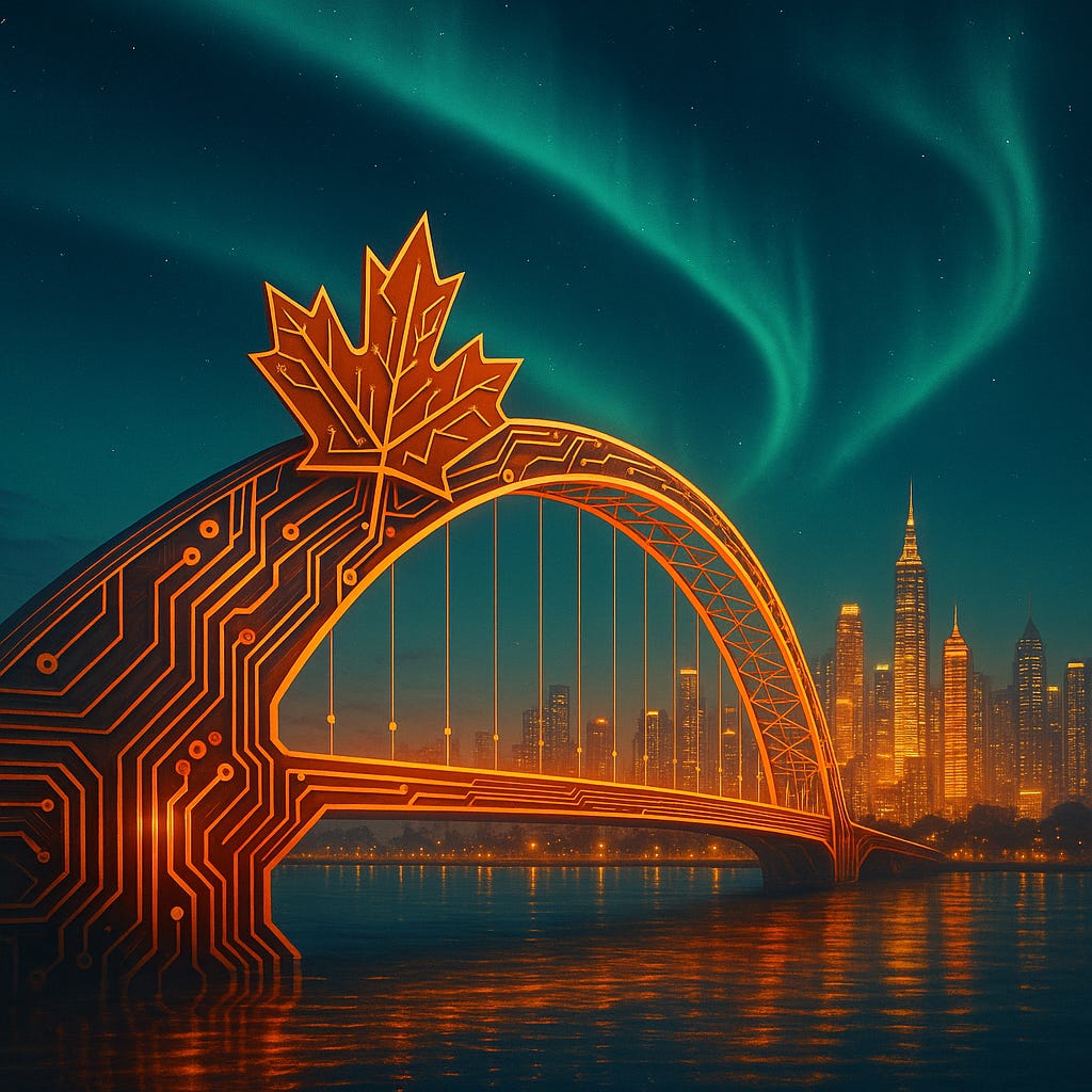 Digital bridge of maple leaves and circuitry connecting Canada and Southeast Asia, representing new trade partnerships and economic diversification.