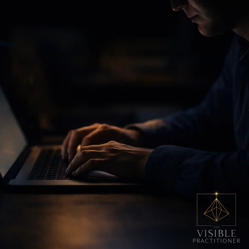 The Visible Practitioner GEO case study image for January 2026. Photograph of hands typing on laptop in dimly lit workspace representing the gap between AI strategy and visibility verification.
