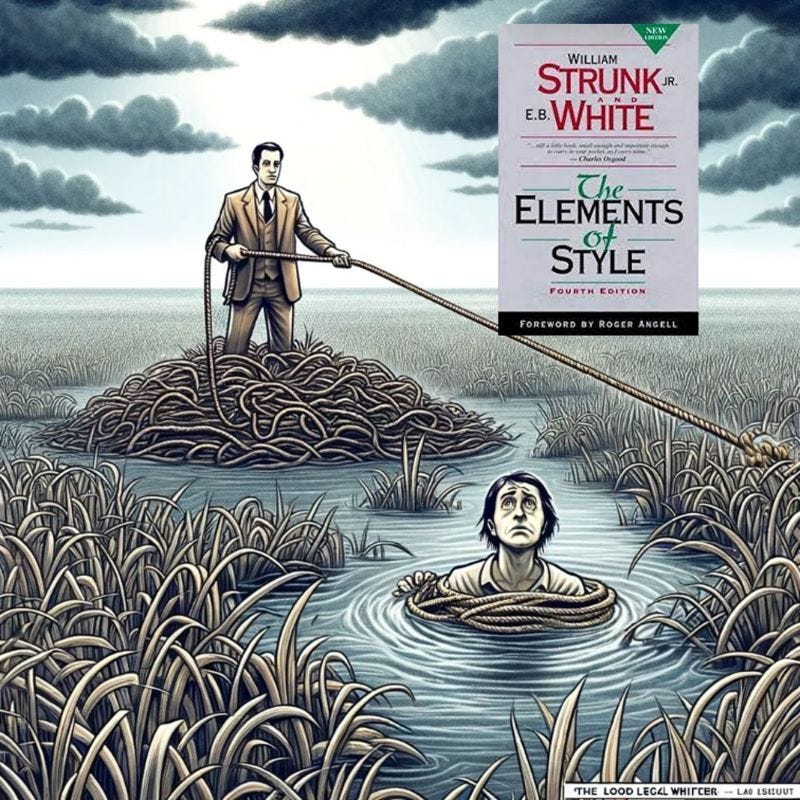 Ilustração de um escritor em pé sobre um emaranhado de cordas, puxando com firmeza um leitor que se debate num pântano. A capa do livro The Elements of Style, de Strunk & White, aparece no topo, simbolizando a clareza como ferramenta de resgate.