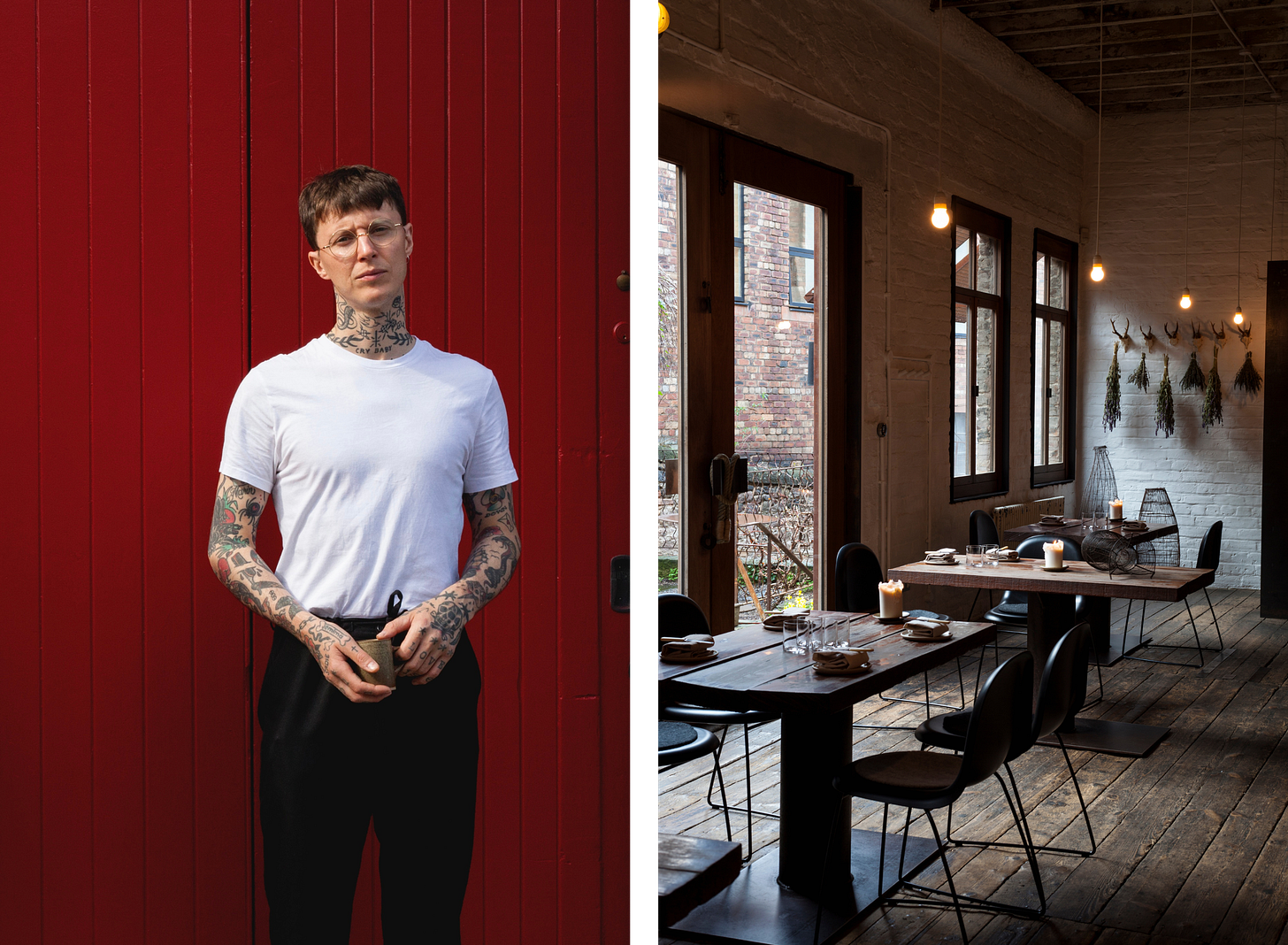 At left: Jo Radford, standing against a red wall holding a mug. At right: Timberyard, with its wide-plank wood floors and whitewashed walls.