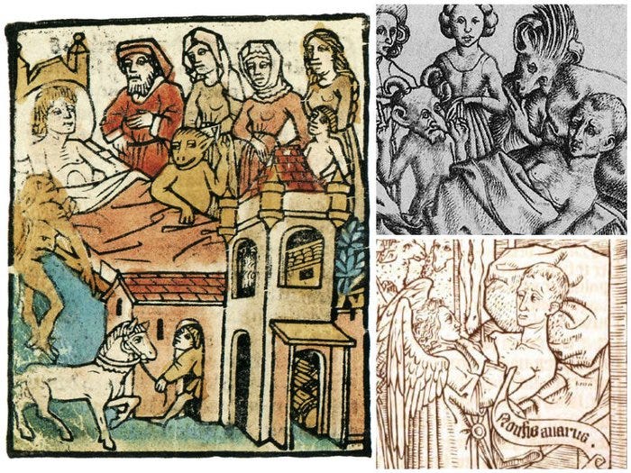 Three illustrations from Ars Moriendi, showing devils and angels around the bed of a dying man