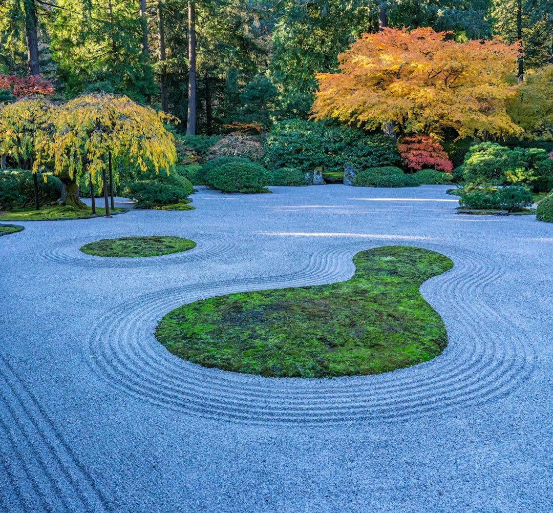 A rock garden with a circular design in the middle of it A rock garden with a circular design in the middle of it
