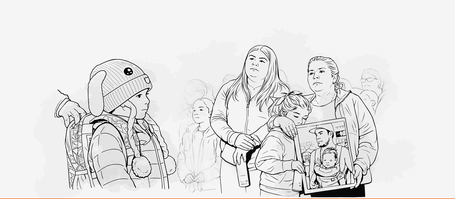 Line drawing illustration depicting a diverse group of families and community members standing together in peaceful protest or demonstration. In the foreground, a woman with long hair places a protective hand on a young child's head as the child holds a framed photograph of a family member. To the left, a young boy wears a winter hat and backpack with a hand holding the backpack. Line drawing illustration depicting a diverse group of families and community members standing together in peaceful protest or demonstration. In the foreground, a woman with long hair places a protective hand on a young child's head as the child holds a framed photograph of a family member. To the left, a young boy wears a winter hat and backpack with a hand holding the backpack.