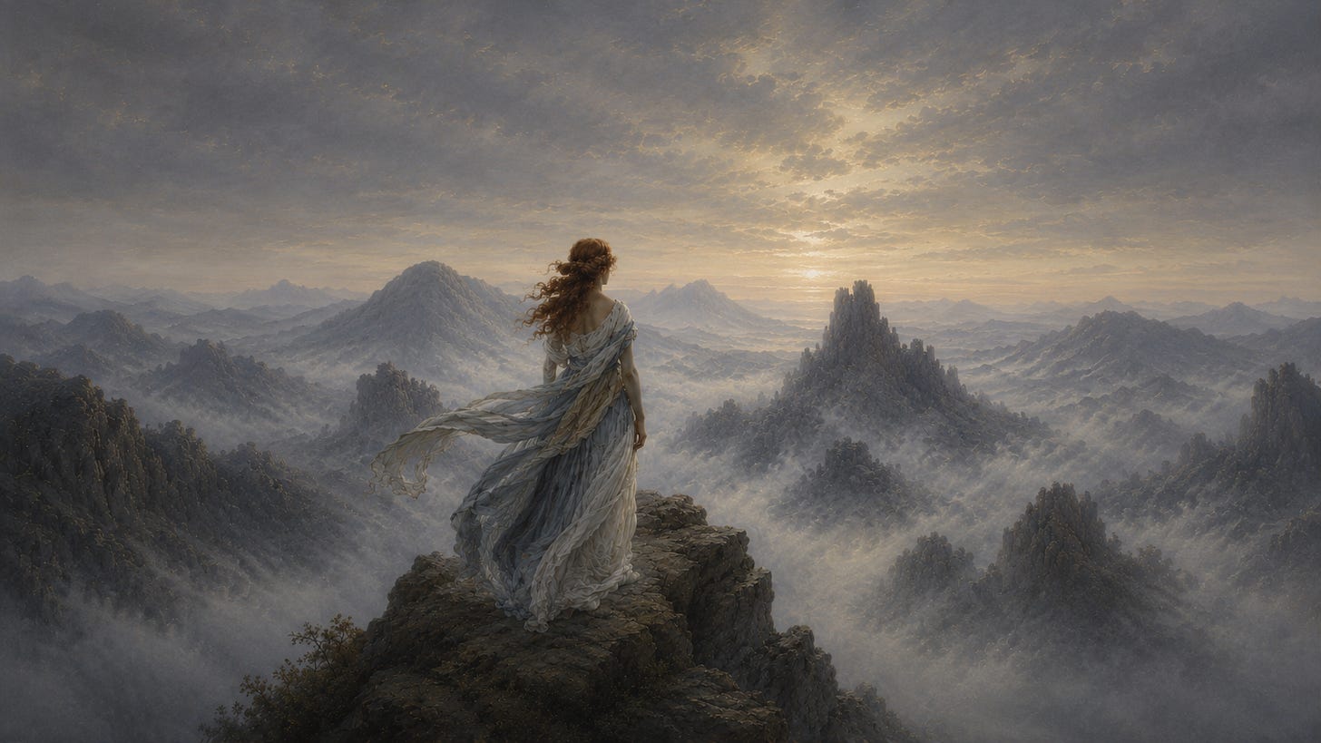 A romantic style painting of a woman looking away over the misty mountains, inspired by “Wanderer above the Sea of Fog” by Caspar David Friedrich.