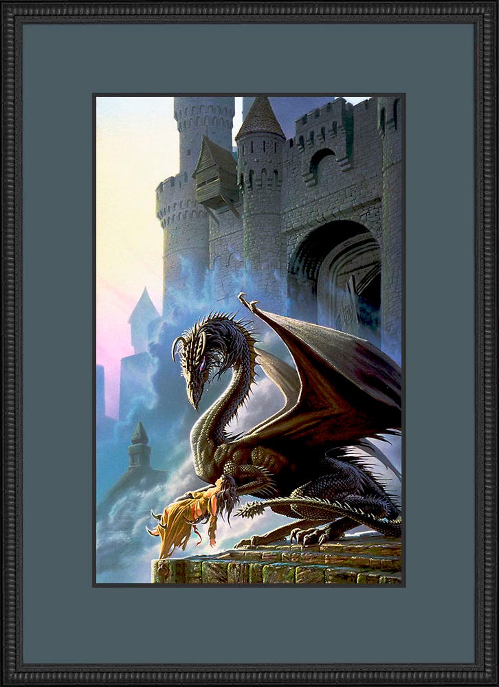 Signed print of DRAGONSBANE matted and framed in wood moulding.