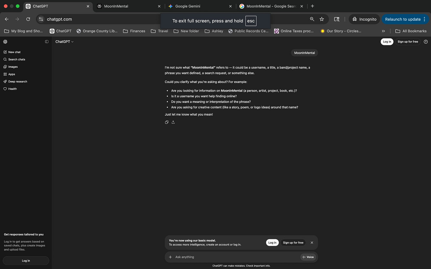 The Visible Practitioner GEO case study screenshot March 2026. Google search results autocorrecting MoonInMental brand name query to Monumental Sports arena company.