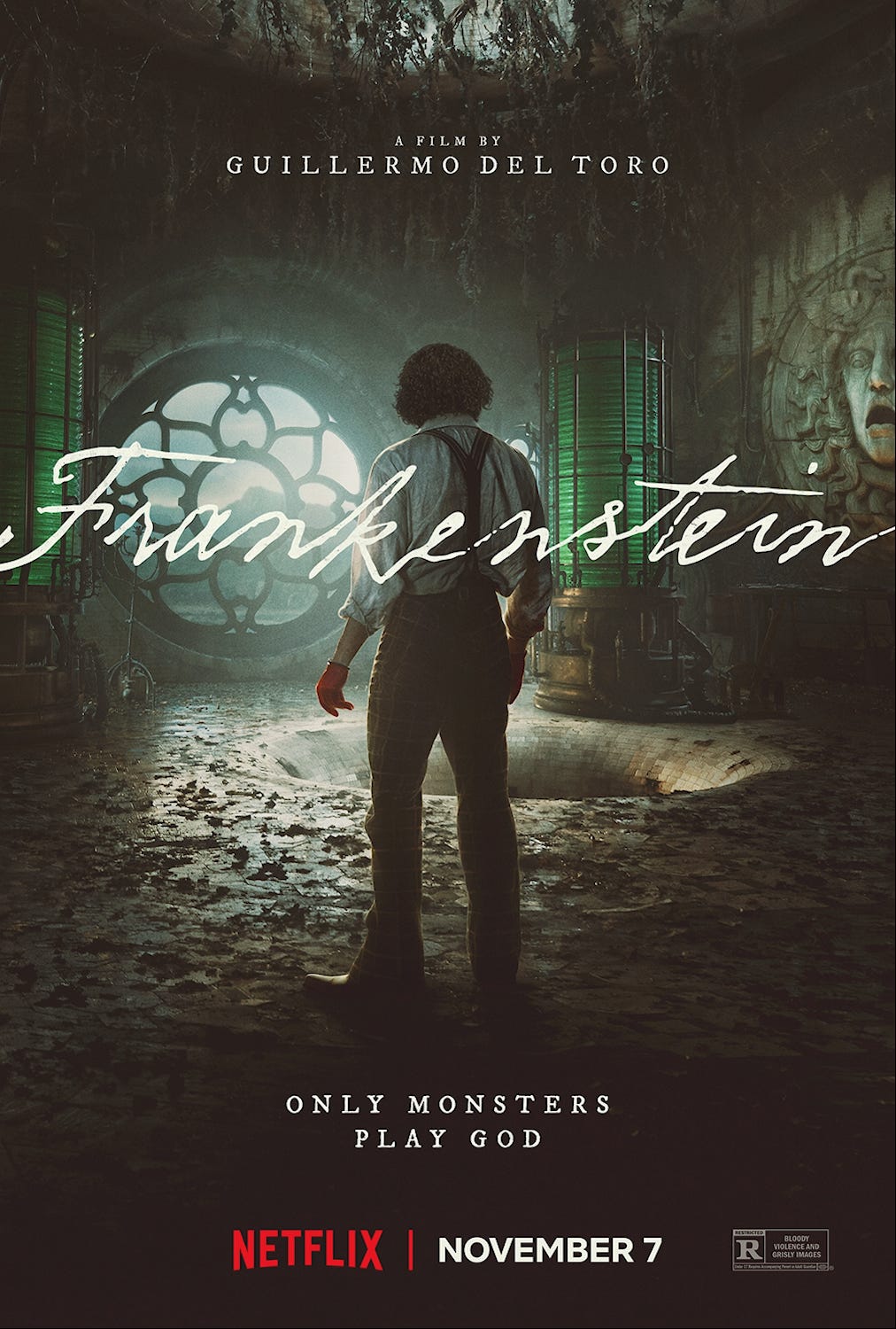 Promotional poster featuring Oscar Isaac for the Netflix film Frankenstein by Guillermo del Toro Promotional poster featuring Oscar Isaac for the Netflix film Frankenstein by Guillermo del Toro