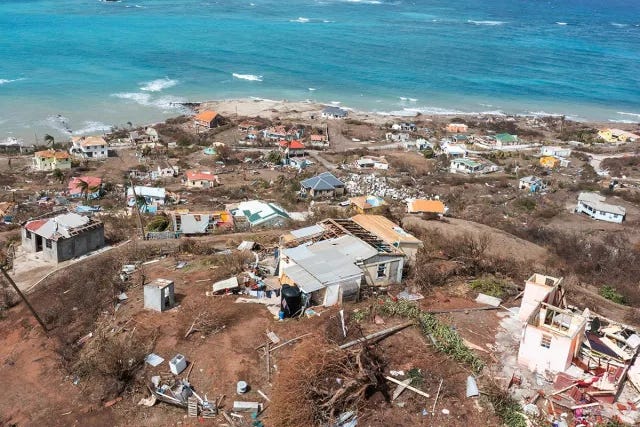 Scattered debris and houses with missing roofs are seen in a drone photograph after Hurricane Beryl passed the island of Petite Martinique, Grenada on July 2, 2024. Scattered debris and houses with missing roofs are seen in a drone photograph after Hurricane Beryl passed the island of Petite Martinique, Grenada on July 2, 2024.