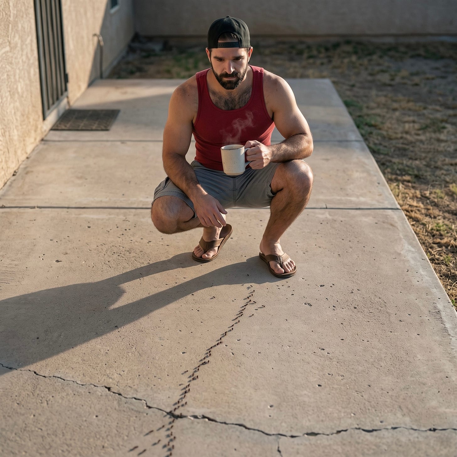 Mitch, wearing a backwards black cap and a red tank top, squats on a concrete patio with his morning coffee while staring down a trail of ants. Mitch, wearing a backwards black cap and a red tank top, squats on a concrete patio with his morning coffee while staring down a trail of ants.